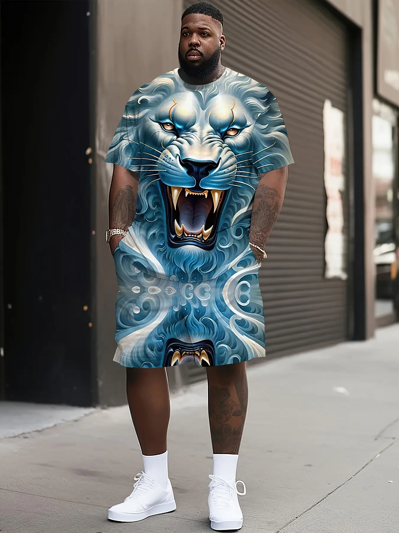 Men's 2-Piece Set, Blue Cloud Lion Print Short Sleeve T-Shirt & Shorts, Loose Fit Summer Casual Sportswear, Plus Size