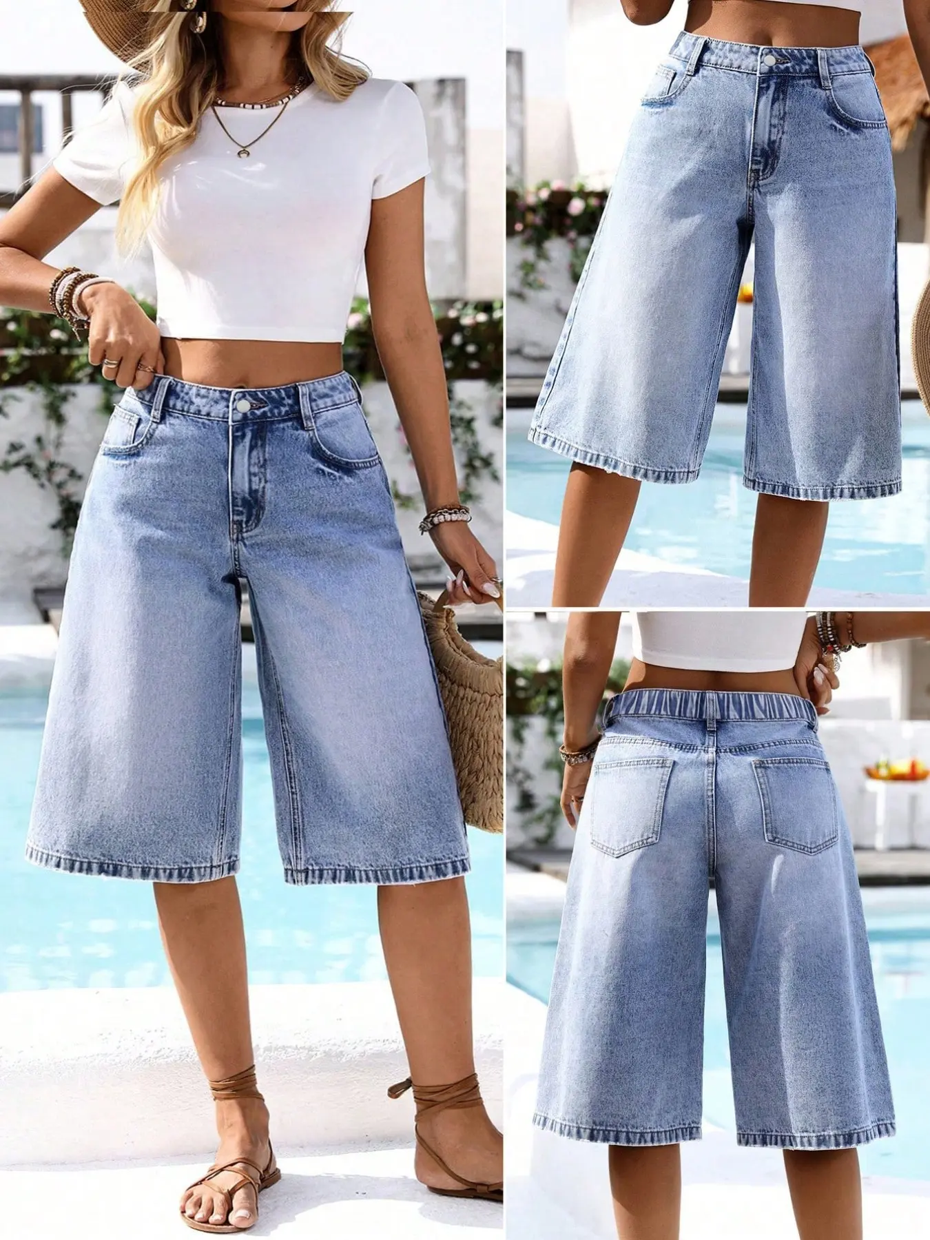 Casual Basic Fashion Women's Pockets Wide-Leg Knee-Length Denim Shorts, Comfortable and Stylish, Perfect for Daily Wear, Trendy and Versatile Bottoms