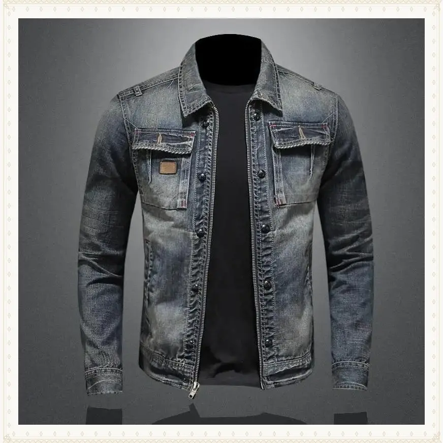 Men's Retro Classic Denim Jacket Autumn Street Trend Handsome Riding Windproof Men's Clothing High Street Casual Lapel JacketGift