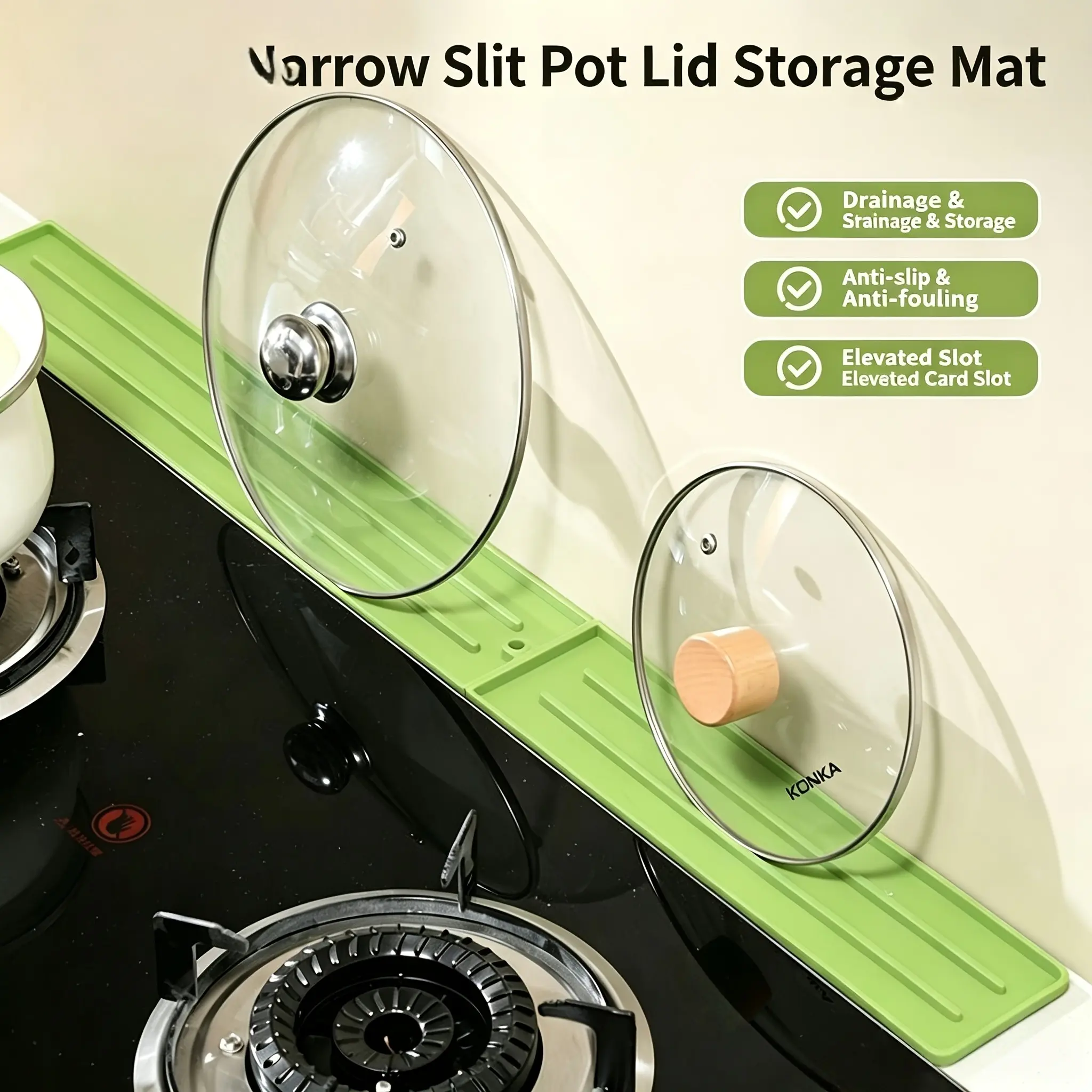1 piece of multifunctional silicone lid mat with non-slip feature, kitchen countertop draining mat, narrow gap lid storage mat, no-drill storage mat, easy to clean, can be hung up, suitable for various kitchen utensils.