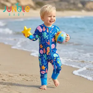 Junblebaby Natural Bamboo Fiber Baby Onesie,baby bamboo zipper romper,baby romper, Allover Blue Base Octopus Seahorse Shell Crab Anchor Ocean Printed Long Sleeve Romper with 2-Way Zipper, Breathable Daily Loungewear for Newborn Toddler 0-3 Years Old