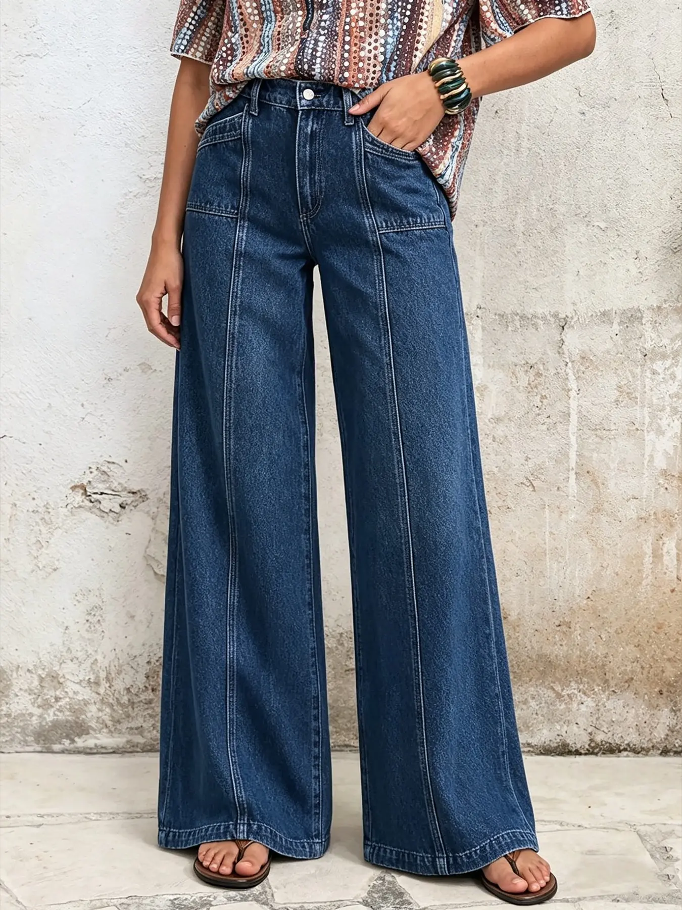 Women's High Waist Sewn Detail Wide Leg Baggy Jeans Pants, Vintage Blue Loose Straight Full-Length Denim Jeans, Casual Streetwear Style Jeans Bottoms