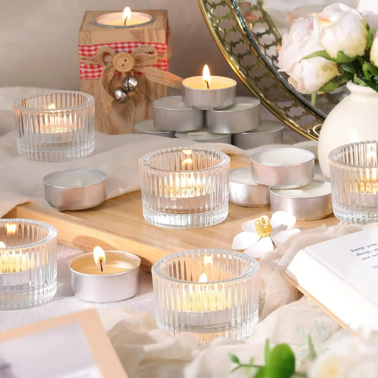 6 transparent vertical patterned glass candle holders, suitable for central decoration of dining tables, wedding home decoration, tea candle holders, shower decoration, holiday parties and best gifts, sponge protection