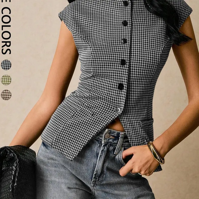 Women's Houndstooth Blouse, Round Neck, Short Sleeves, Fitted Knit Vest Shirt, Bodycon Fitted Top, Old Money Style, College Style, Casual, Unlined, Plain Surface, Tops, Blouses Shirts Tops