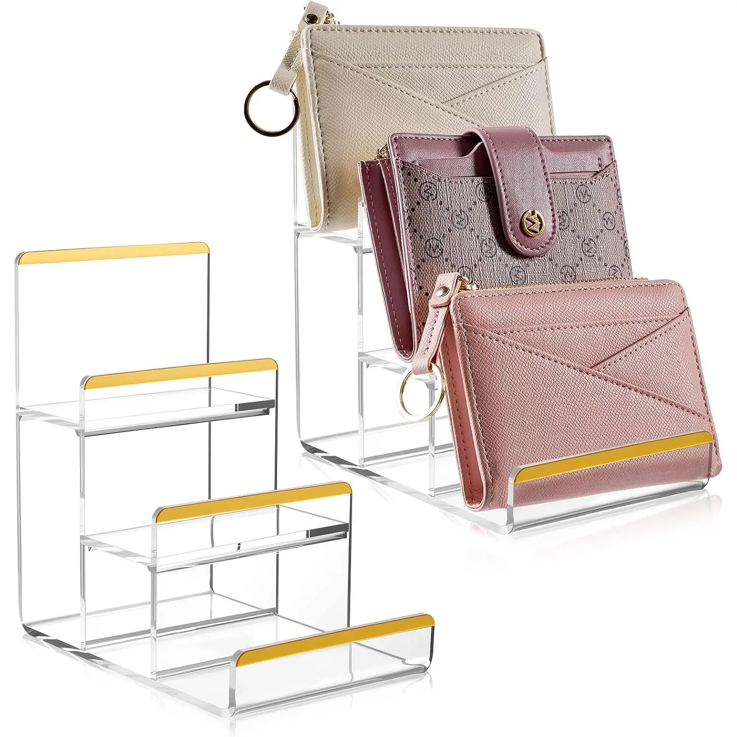 2 Pack 3-Tier  Wallet Display Stands,  Trim Purse Display Stand | 4MM Thick Clear Clutch Holder Riser, 2" Spacing Counter Wallet Organizer for Sunglasses  Figures Perfume Retail Vendor