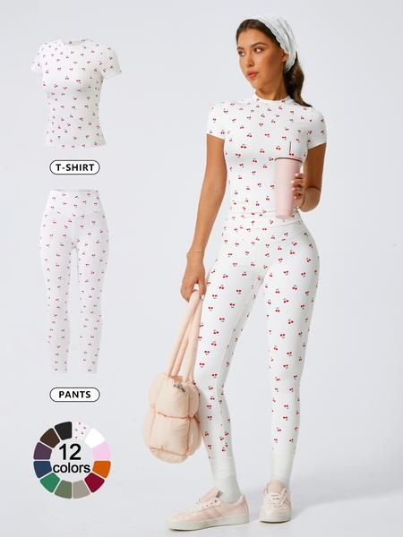 Women's Solid Short Sleeve Tee & Leggings Loungewear, Casual Comfy Round Neck Top & Skinny Pants PJ Set, Ladies Sleepwear for Spring & Fall, Pajama