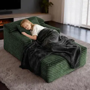 Aobtkel Small Chaise Lounges,Green Corduroy Lazy Single Sofa, Reclinable Human Dog Bed Sofa, Block-shaped Leisure Couch for Living Room & Balcony On-Site