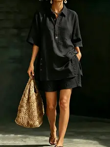 2 Piece Set Side Button Loose Fit Shirt and Shorts, Plus Size Conceal Fat Slimming European Style Women's, Casual All Season Wear