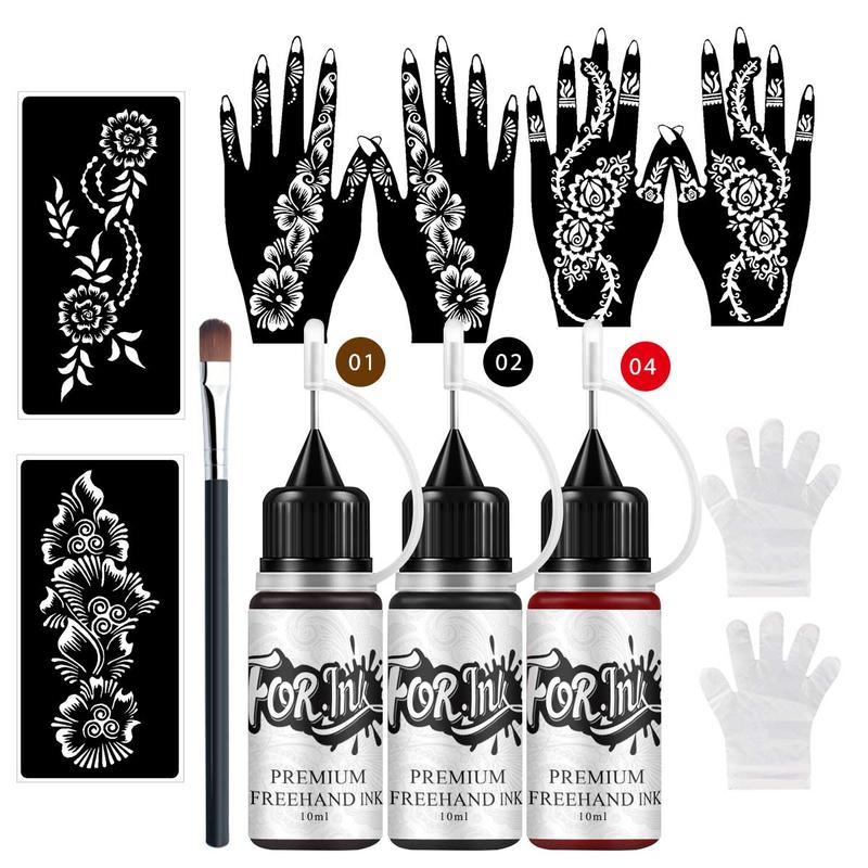 Temporary Tattoo Ink Set, 3 Bottles Hand-Drawn Tattoo Ink & 6 Hollow Template Stickers, Henna Stencil, Body Art, Party, Halloween, Graduation, Beach Vacation Temporary Tattoo Ink Set, 3 Bottles Hand-Drawn Tattoo Ink & 6 Hollow Template Stickers, Henna Stencil, Body Art, Party, Halloween, Graduation, Beach Vacation
