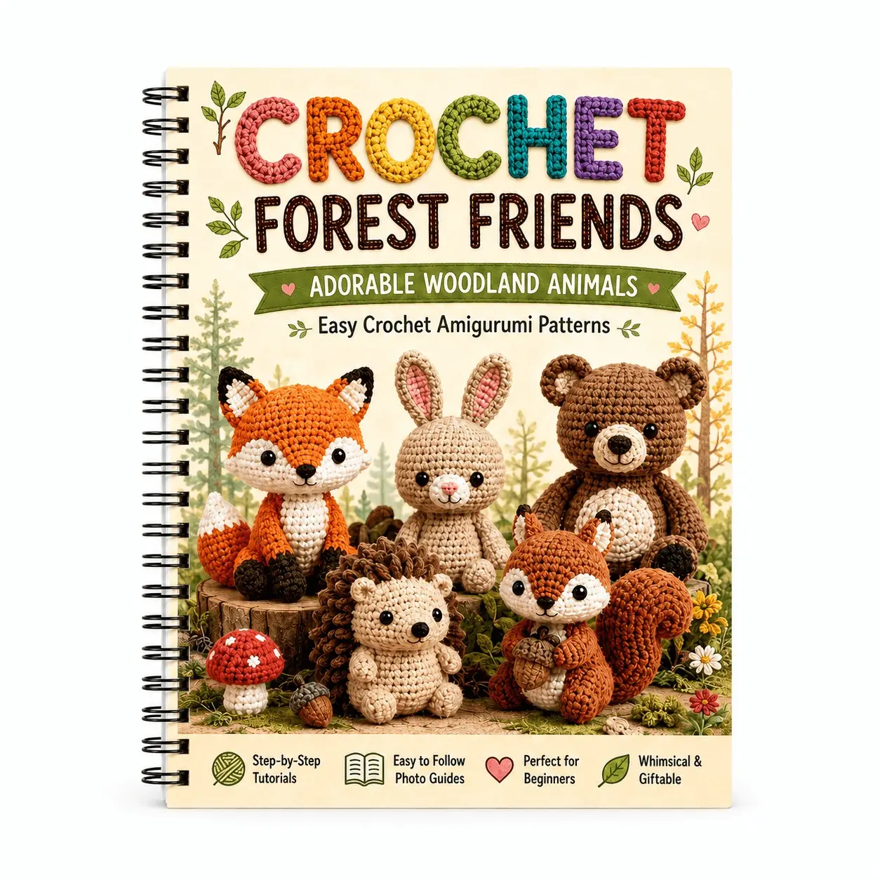 Forest Animal Crochet Amigurumi Pattern Book, A5 Spiral Wooden Crochet DIY Notebook Guide, Easy Crochet Tutorial for Beginners Adults Teens