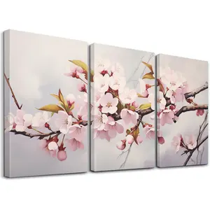 3-piece set of peach blossom branch wall art prints, pink flower canvas home decor paintings, landscape wall decoration posters, aesthetic room decor, gift, suitable for living room, bedroom, office, framed