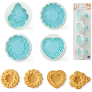 PTSGCAI Cookie Stamps for Baking, 4-Pcs Set with Wooden Handle, 3D Cookie Press Molds for Christmas, Holiday & Party, Perfect for Shortbread, Fondant & Cake Decoration - Flower & Leaf Patterns