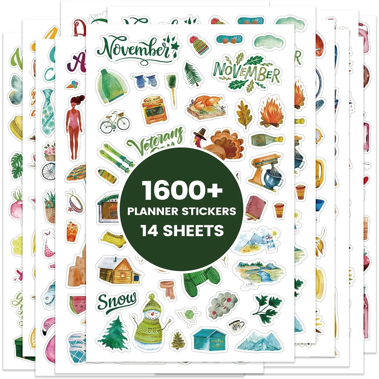 Planner Stickers - 12 Monthly Planner Stickers for Celebrations, Planner Accessories for Journals/Planner Sticker for Women - Seasonal, Holiday, Festival Events, (14 Sheets, 1,600+ Sticker per Pack)