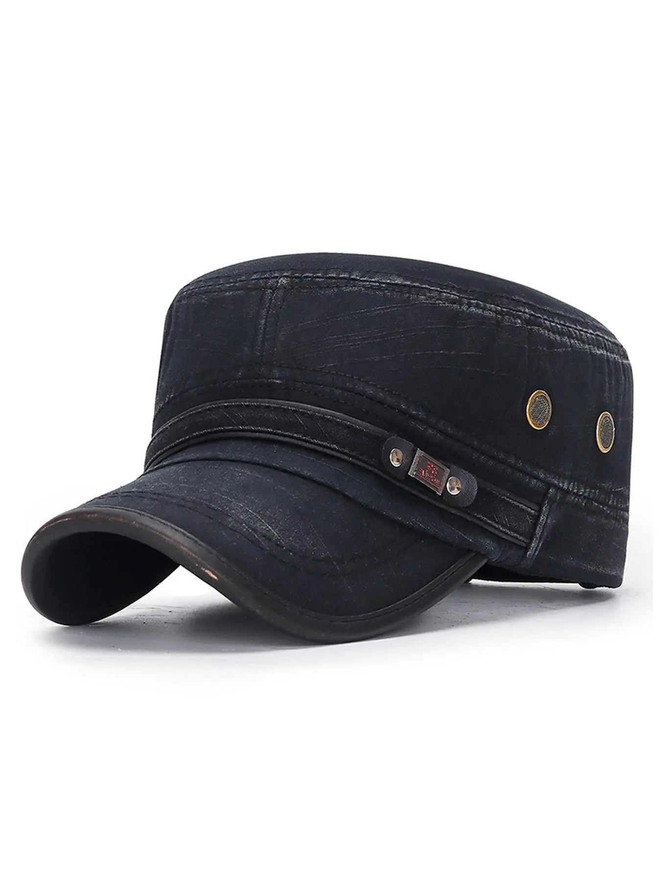 Unisex Slub Cotton Flat Cap Casual Hat | Distressed Leather Trim Retro Military Baseball Sun Visor Gift Idea