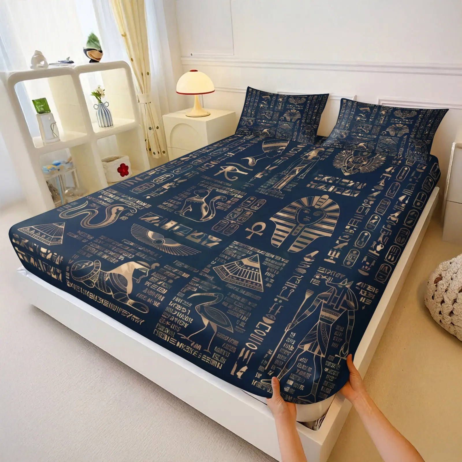 Ancient Egyptian Hieroglyphs Fitted Sheet Set,1 Piece Deep Pocket Fitted Sheet, Vintage Gold Egyptian Pharaoh Pyramid Anubis Bastet Symbol Print, Soft Breathable Microfiber Machine Washable Bedding Protector for Egypt Culture Lovers Bedroom Decor