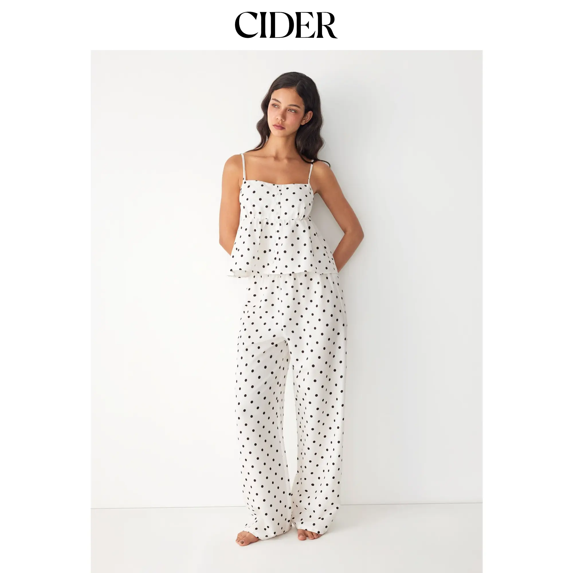 Cider Polka Dot Square Neck Top & High Rise Bowknot Straight Trousers Loungewear Set