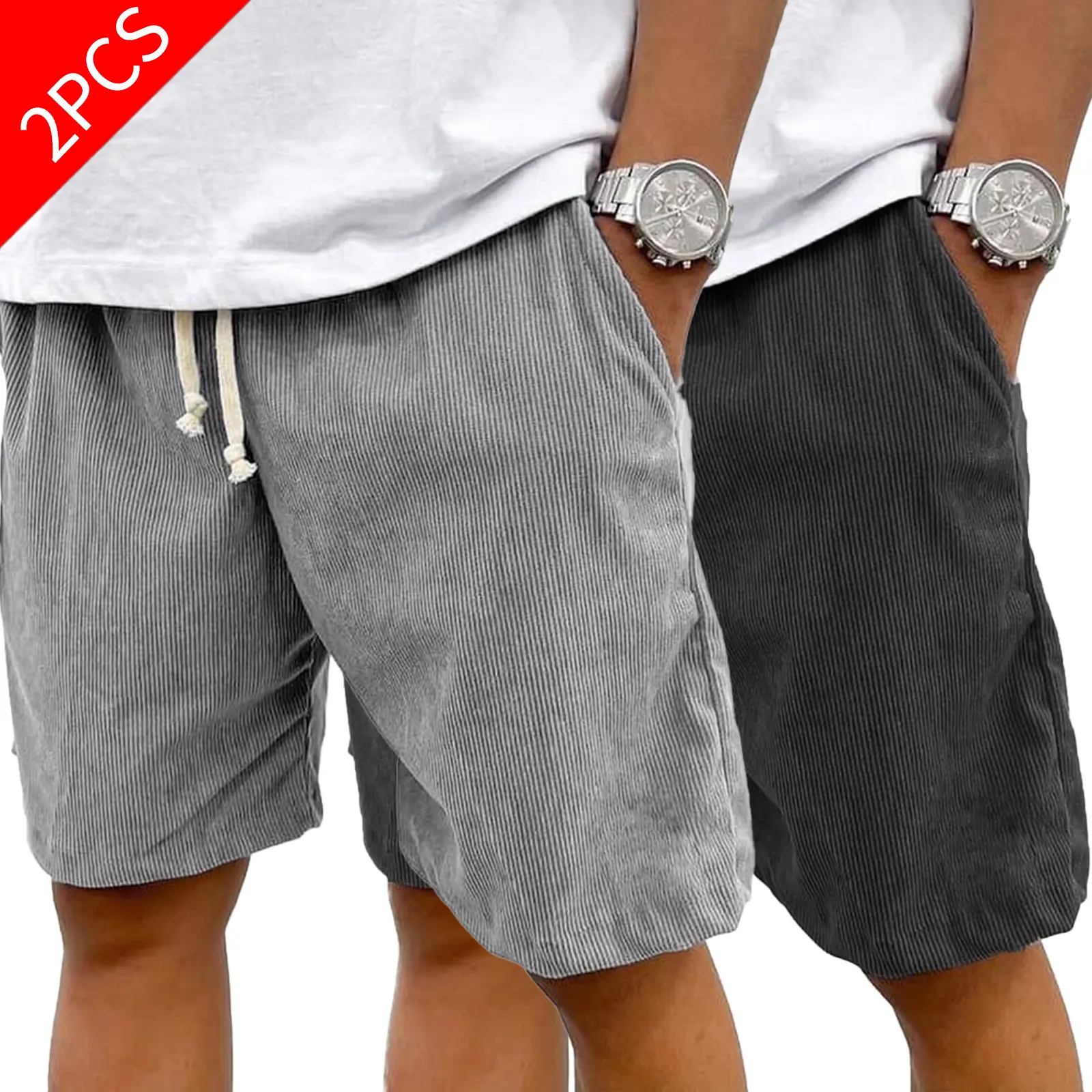 2 PCS 2026 New American-style Men's Summer Casual Vintage Corduroy Shorts with Drawstring – Loose-Fit Trendy Athleisure Mid-Length Shorts, Suitable for Streetwear and Everyday Outfits.