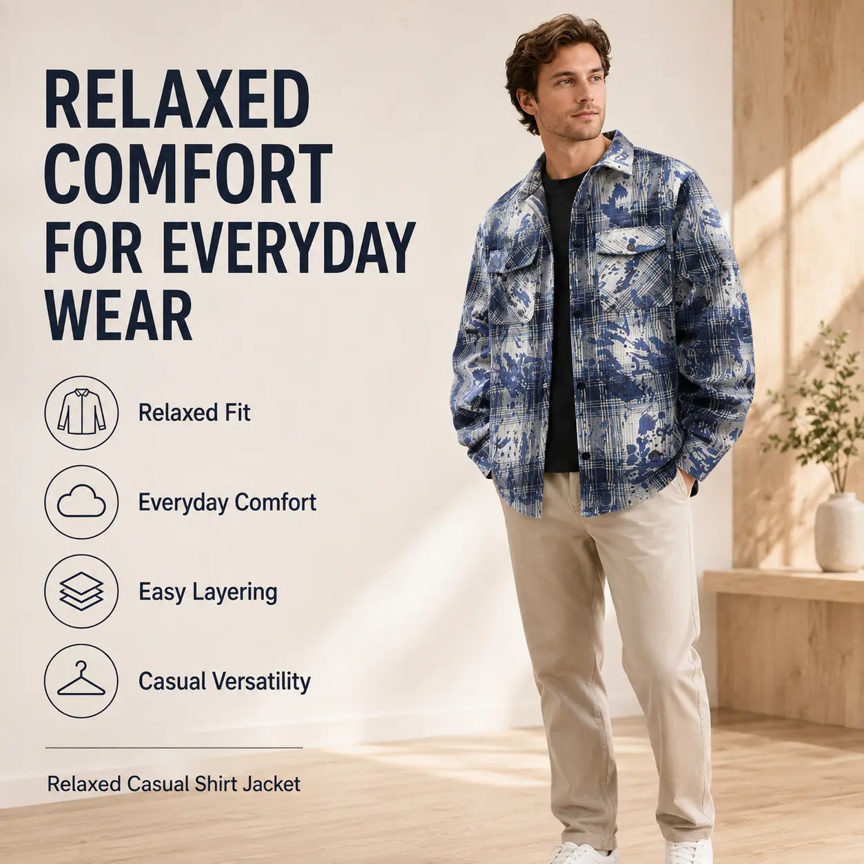 Unisex Plaid Paint Splatter Fitted Button-Down Shirt Jacket, Long-Sleeve Basic Graphic Overshirt with Chest Pockets, Cargo-Inspired Casual Streetwear Layering Top for Men