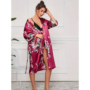 A Long Women'S Robe in Dried Rose Color, Featuring a Comfortable Faux Peacock Print