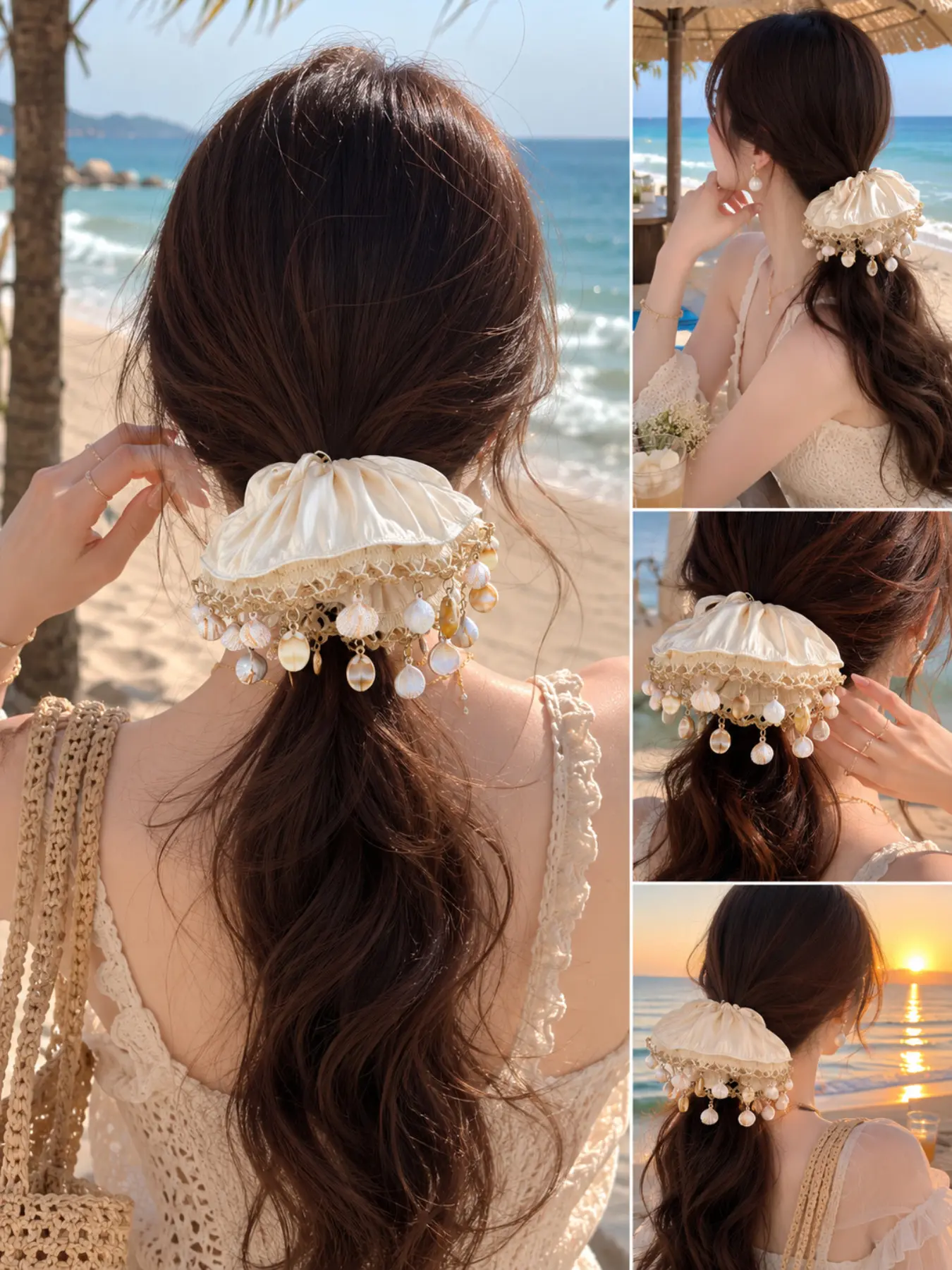 Boho Beach Hair Tie, Large Shell Fringe Netting Ponytail Holder, Lightweight & Stretchy, Perfect for Summer, Travel Photos, Beachwear, Hairbands