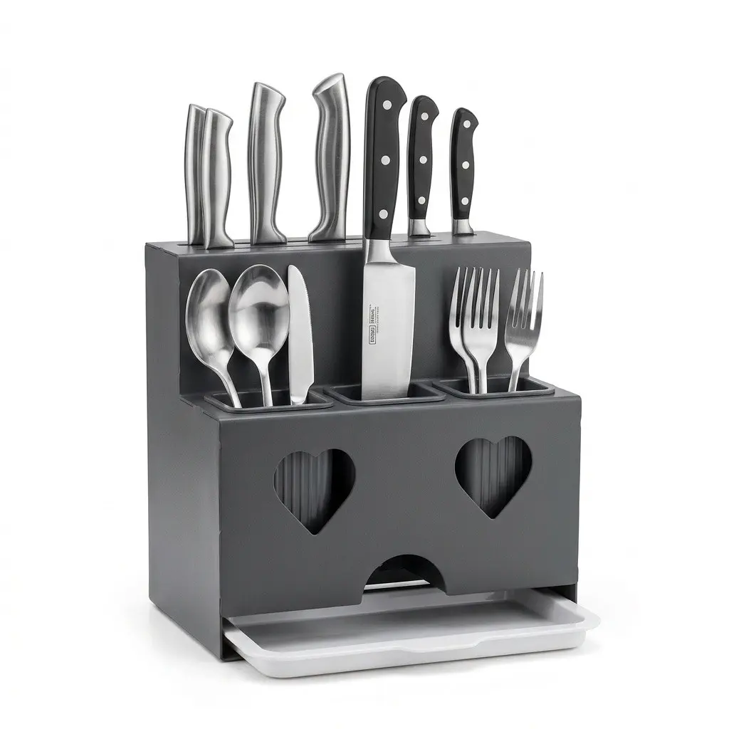 Three-In-One Kitchen Storage Rack, Carbon Steel Knife Holder, Chopstick Organizer, Multi-Functional Drainage Storage Shelf