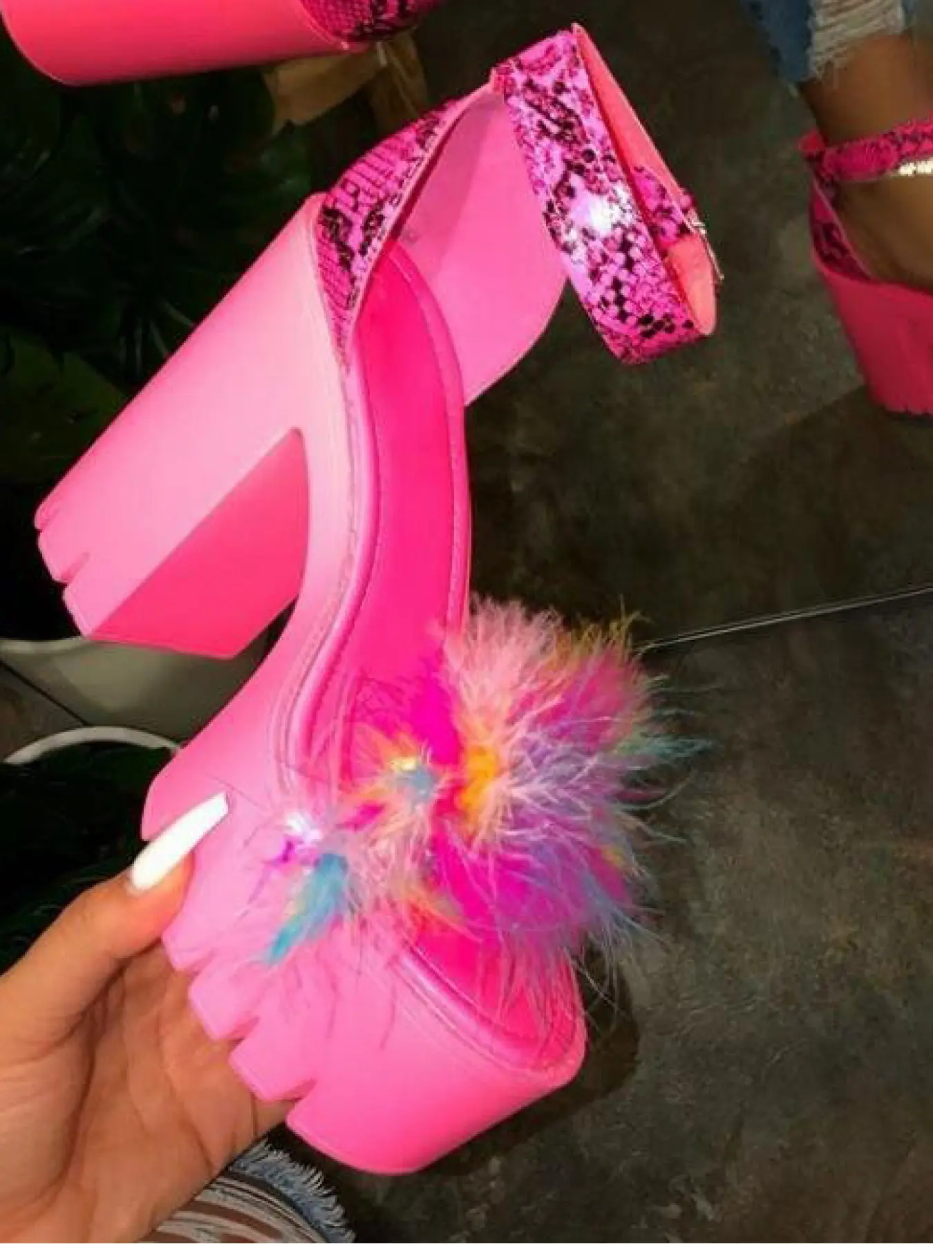 Women's Platform Sandals, Fluffy Feather Open Toe Buckle Ankle Strap Chunky Block High Heels, Feather-Decorated Party Heeled Sandals