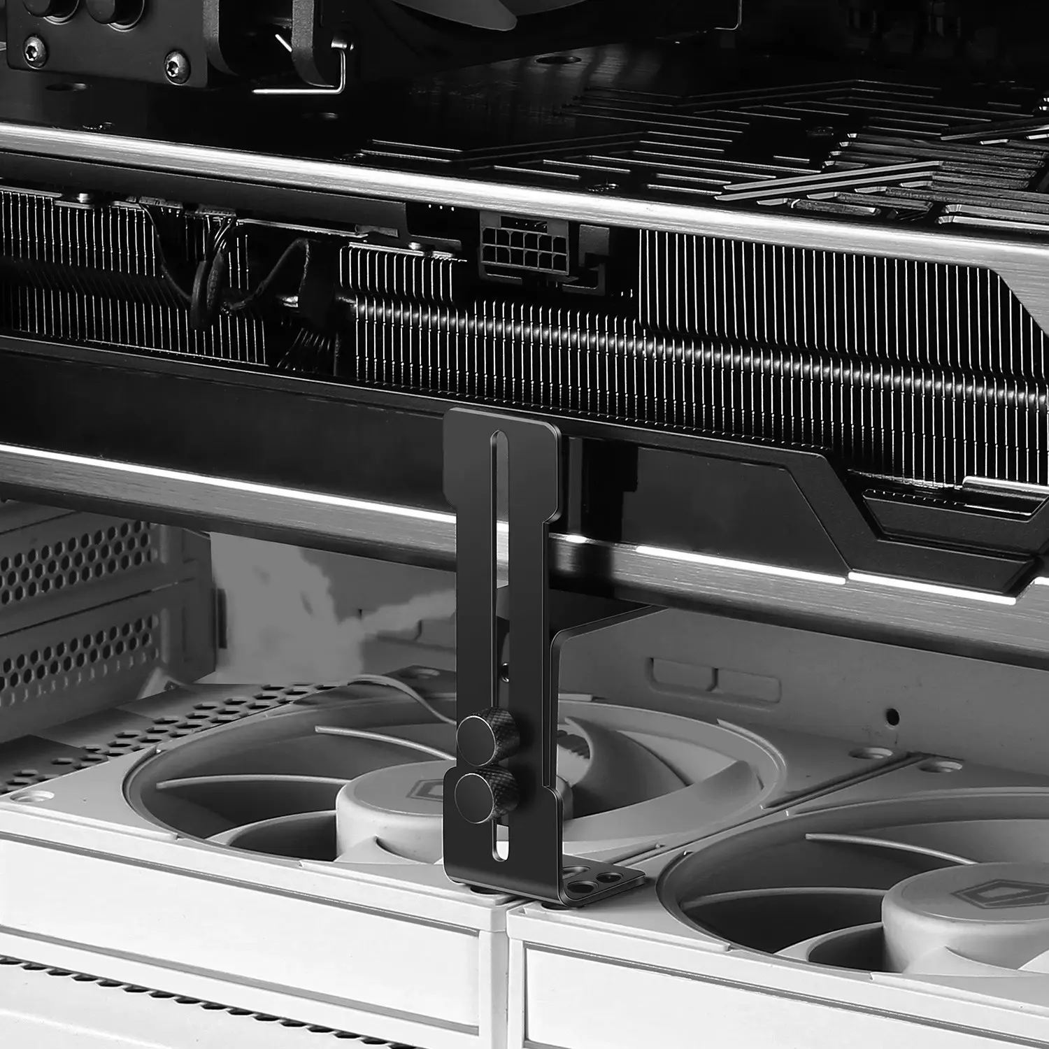New L-Shaped Graphics Card Support Bracket 6-96mm Height-Adjustable Graphics Card Bracket Tool-Free Installation Mounts on Case Fan Mounts Compatible with Various Cases Prevents Graphics Card Sagging