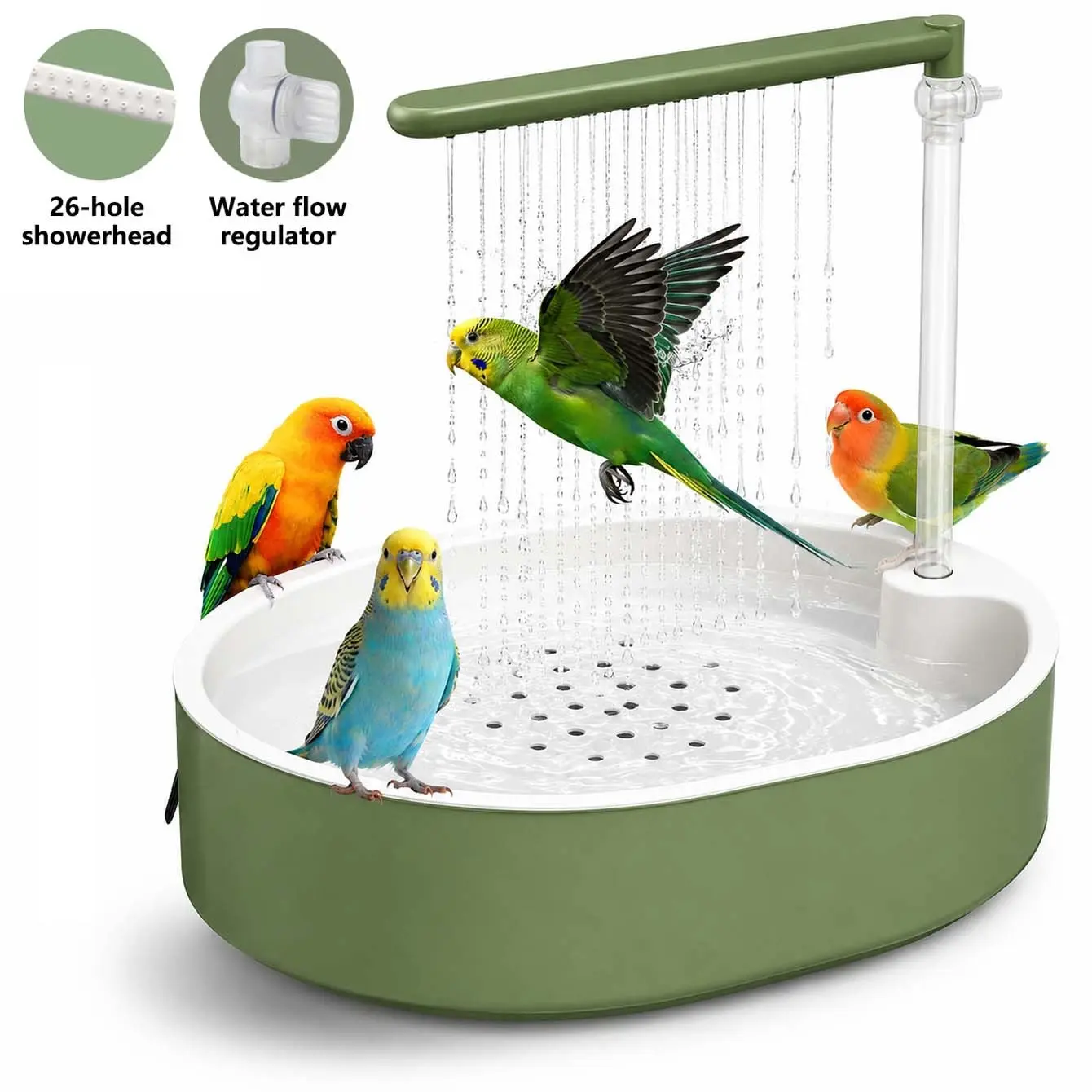 Bird Bath Fountain for Parrots, Electric Parakeet Bath with 26 Water Outlet Shower Spray, Large Bathing Basin with Wooden Perch, Quiet Circulating Water Bird Spa for Cockatiels, Budgies, Lovebirds and Small Birds