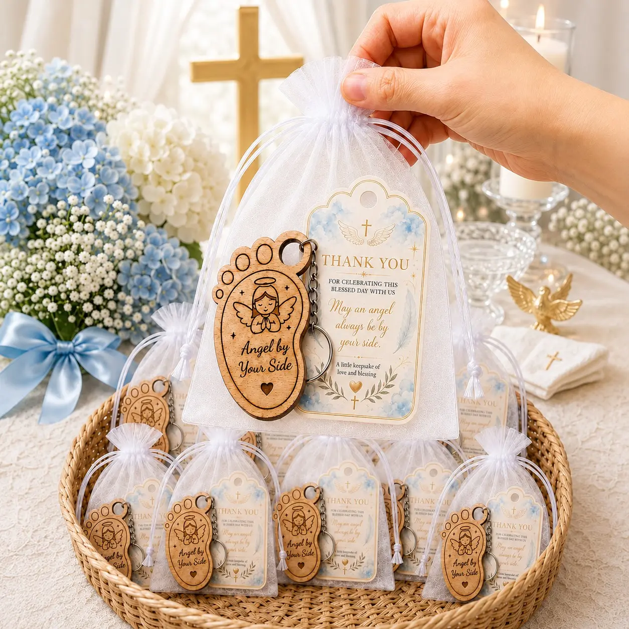 10/20 sets Wooden Baby Footprint Guardian Angel Keychain Baptism Favor Set with White Organza Bags and Thank You Cards, Baby Shower Favors, Baptism and Christening Favors, First Communion Religious Guest Gifts