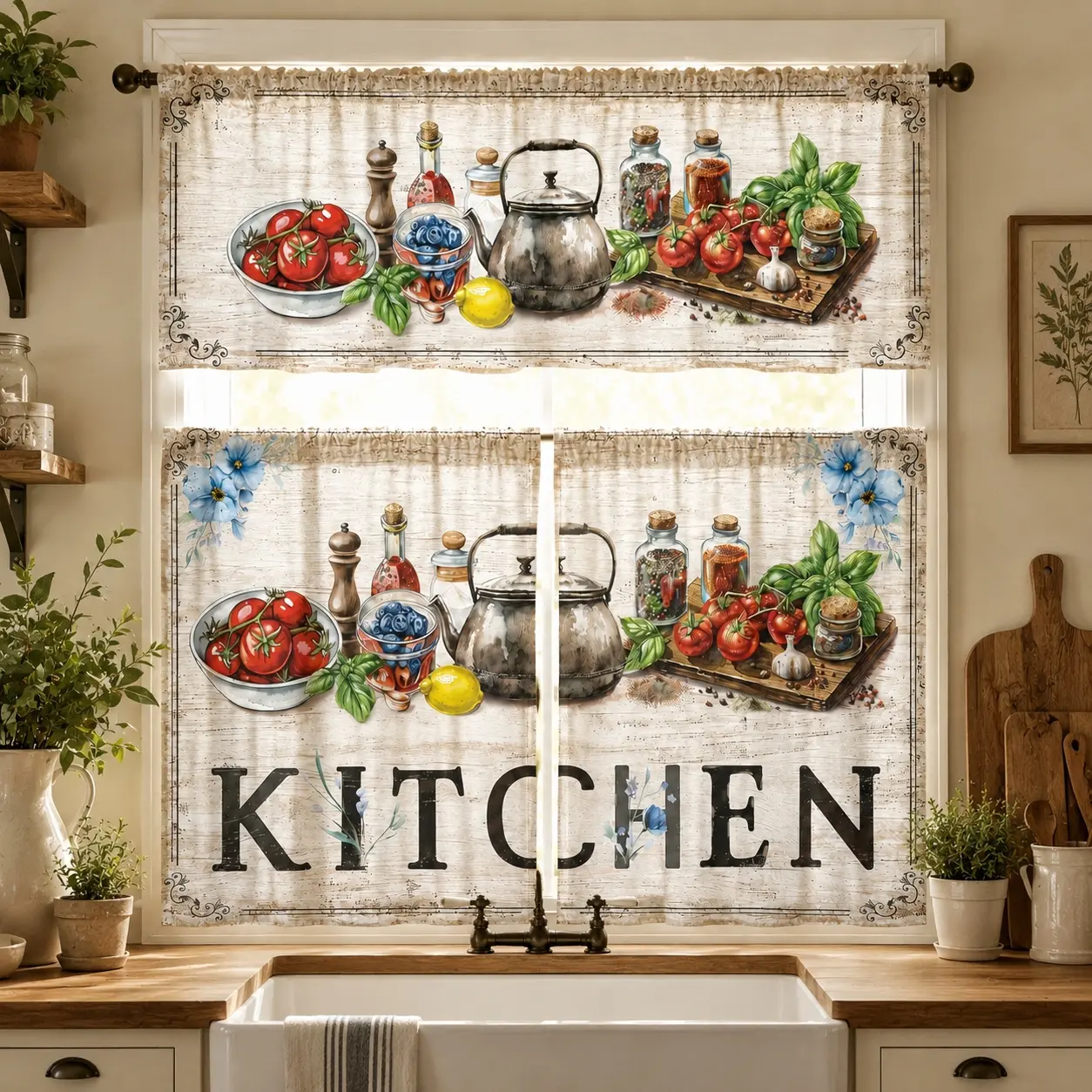 SoftHaven Home Made in USA Polyester Rod Pocket Home Decorative Curtains - Botanical, Vintage Vegetable Kettle & Floral Prints, Country Cottage Drape Style, Rustic Kitchen Accessories, Farmhouse Vibe for Kitchen, Living Areas Decor, Home Decorative Curtai