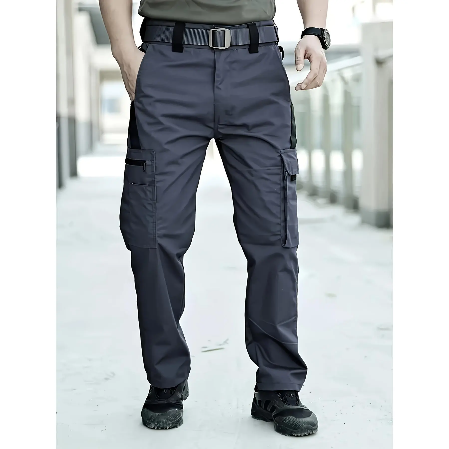Men's Outdoor Tactical Cargo Pants - Menswear Polyester Weave Solid Micro-Stretch, Multi-Pocket Checkered Zipper Work Pants with Adjustable Waist, Scratch-Resistant, Tear-Resistant, Machine Washable All-Season Hiking Apparel, Regular Fit, 100% Poly