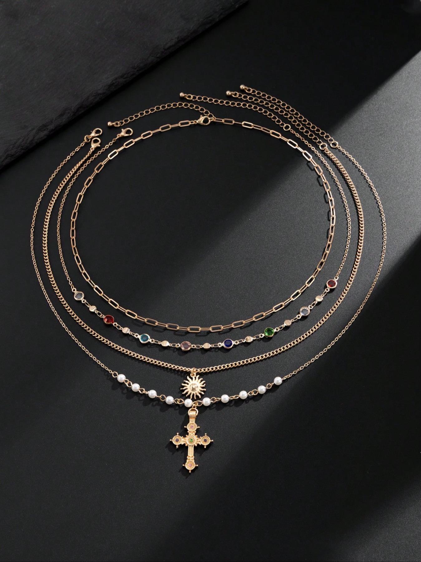 4-piece Vintage Multi-color Rhinestone Cross Sun Pendant Elegant Necklace Set, Durable Alloy Material Adjustable Hip Hop Punk Unique Cross Pendant Jewelry for Men, Couples Necklace, Iced Out Chains