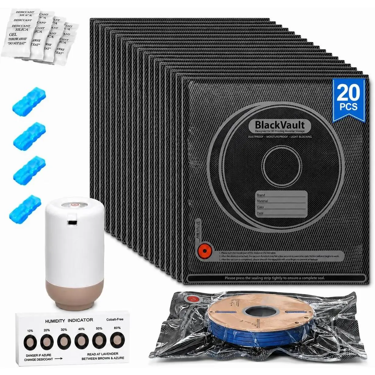 Printer Filament Storage Kit with Cordless Rechargeable Pump, 20 Light Blocking Organiser Bags, Humidity Cards, 12.6x13.4" Modern Design, 1kg Fit for Filament Care