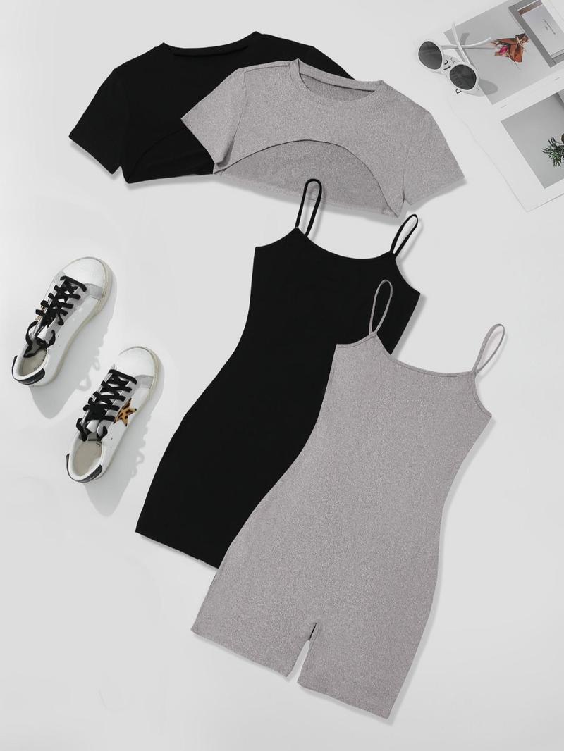 Four-Piece Set Women's Solid High Low Crop Tee & Cami Romper, Casual Short Sleeve Super Crop Top & Sleeveless Bodycon Romper, Summer Outfits 2025, Cute Summer Outfit