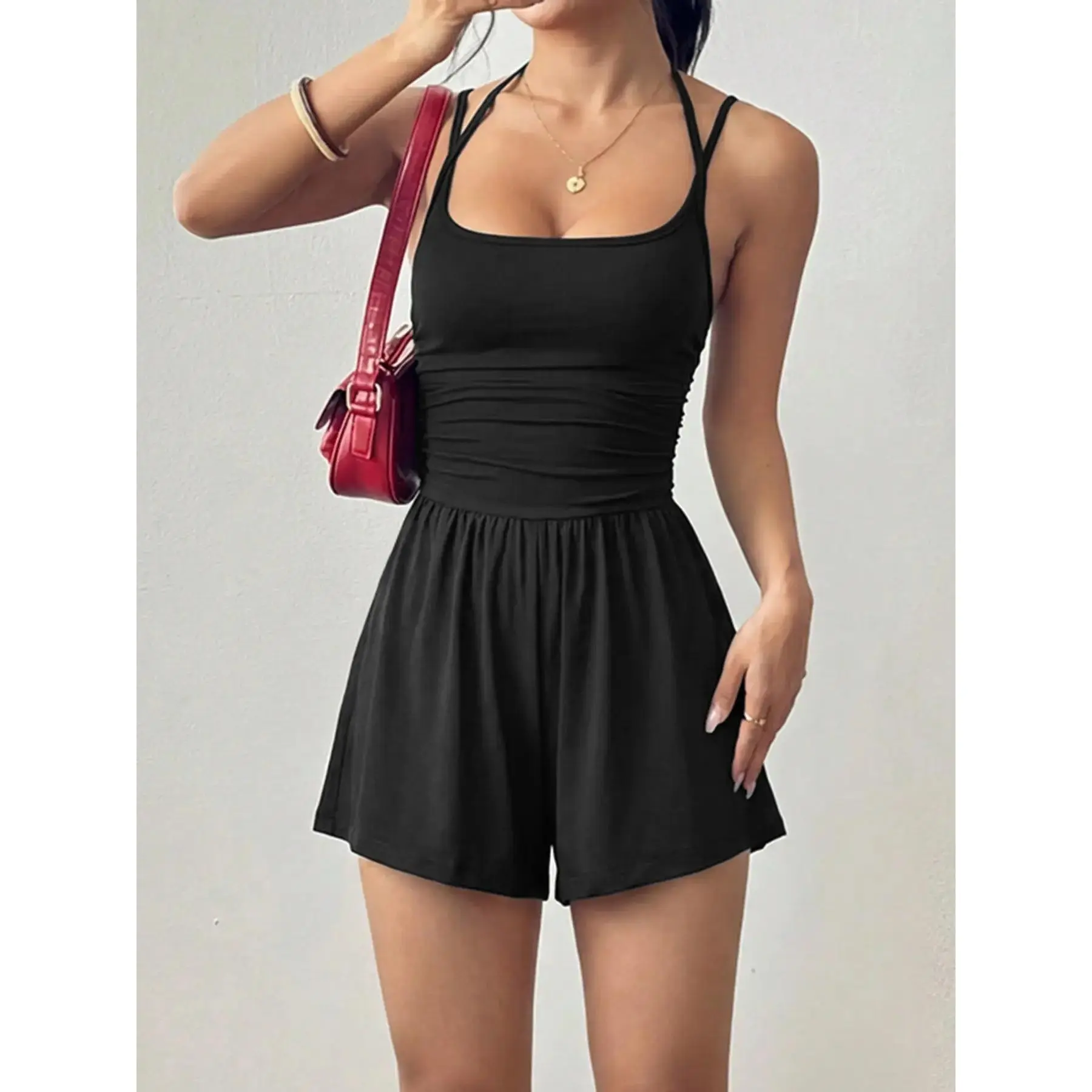 Summer Women's New Casual Halter Ruched Waist Slimming Romper for Sports