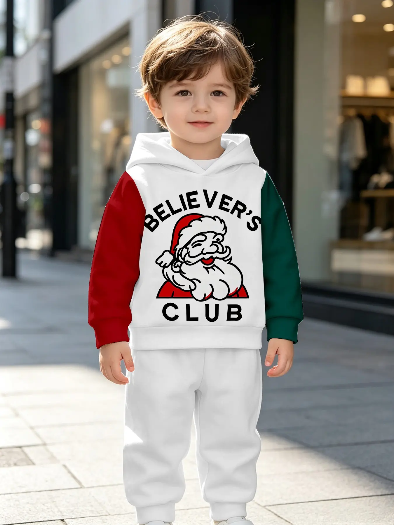 Boys' Christmas Santa Hat Hoodie & Pants Set, Sleeve Design, Perfect for Parties & Gifts, Ages 1-14