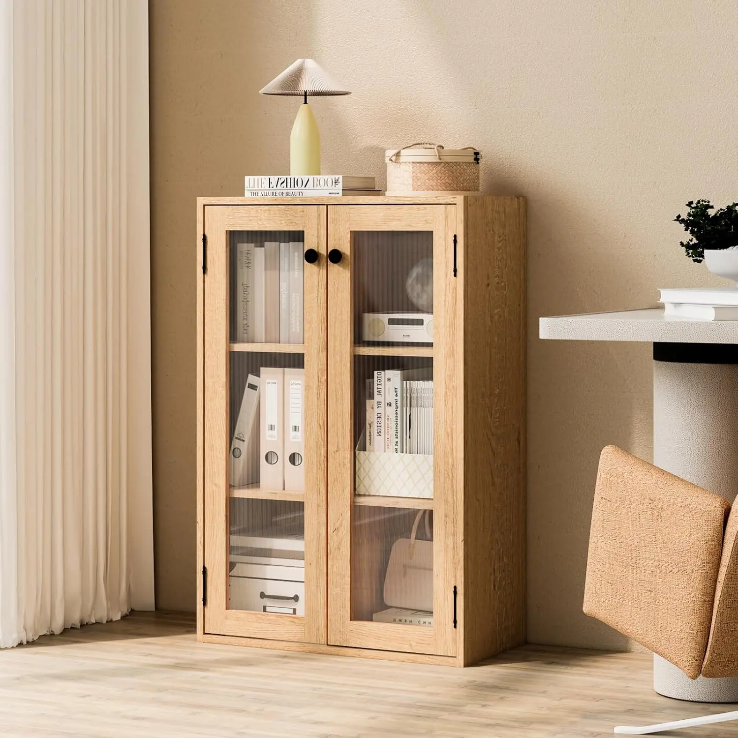Wood Tone Glass Door Bookcase - Metal Wall-Mountable Cabinet with 2 Fixed Shelves, Anti-Tipping Safe Design, Compact Storage for Home Office, Living Room