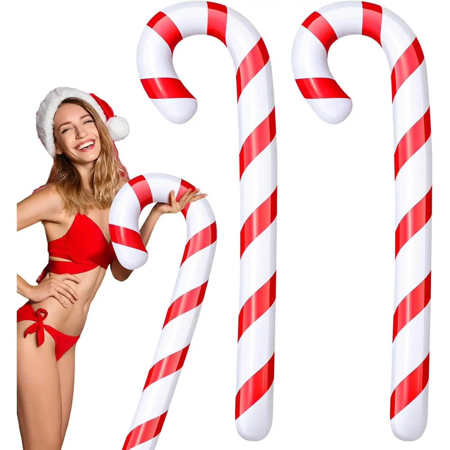 2 Pcs 5.5 ft Christmas in July Candy Cane Summer Christmas Candy Cane Inflatable Pool Noodles Jumbo Floats Swim Floating Noodles for Indoor Outdoor Swimming Pool (Red and White)