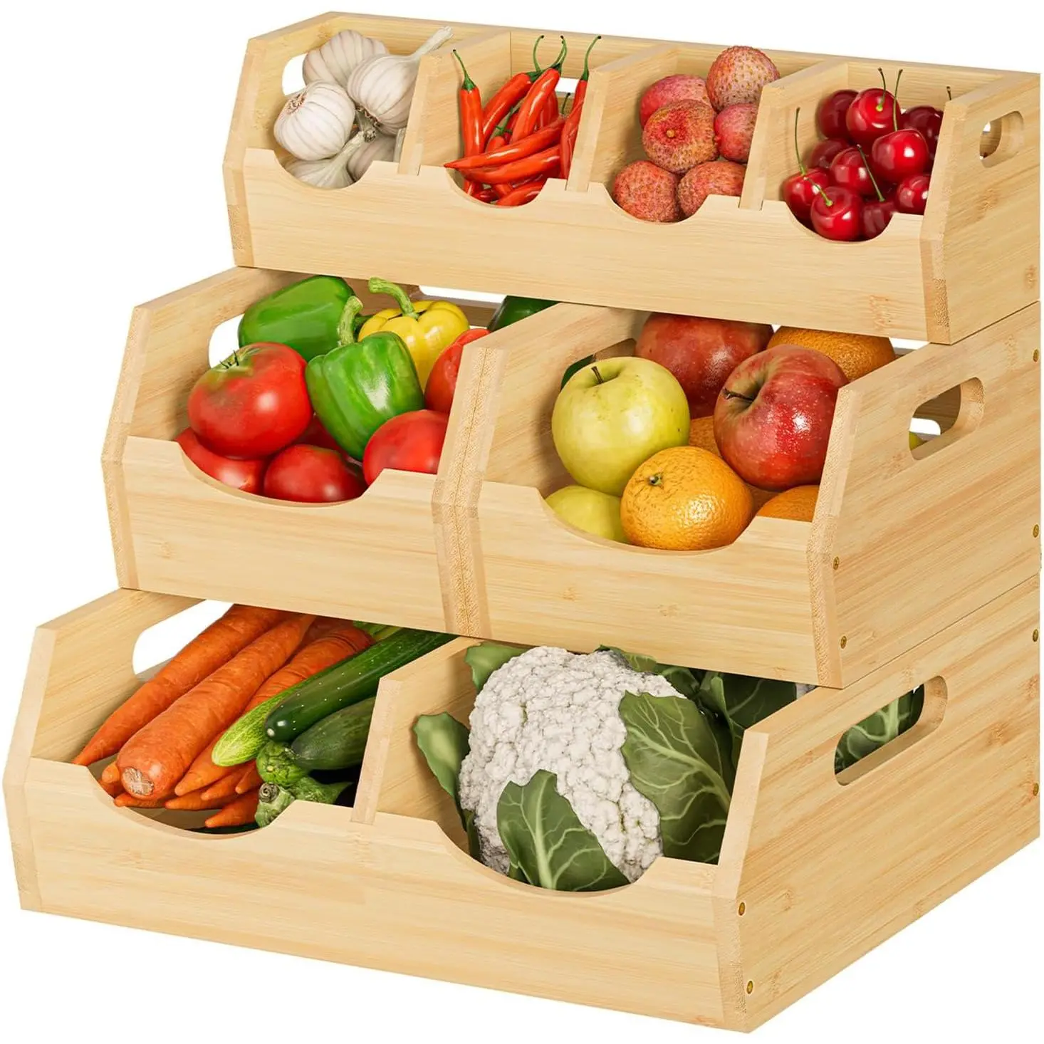 3-Tier  Storage Bins, Modular  & Onion w/ Spices | 4-pc  set: 1  tray, 2 veggie baskets. Ventilated.  for counters, bathrooms, living rooms.