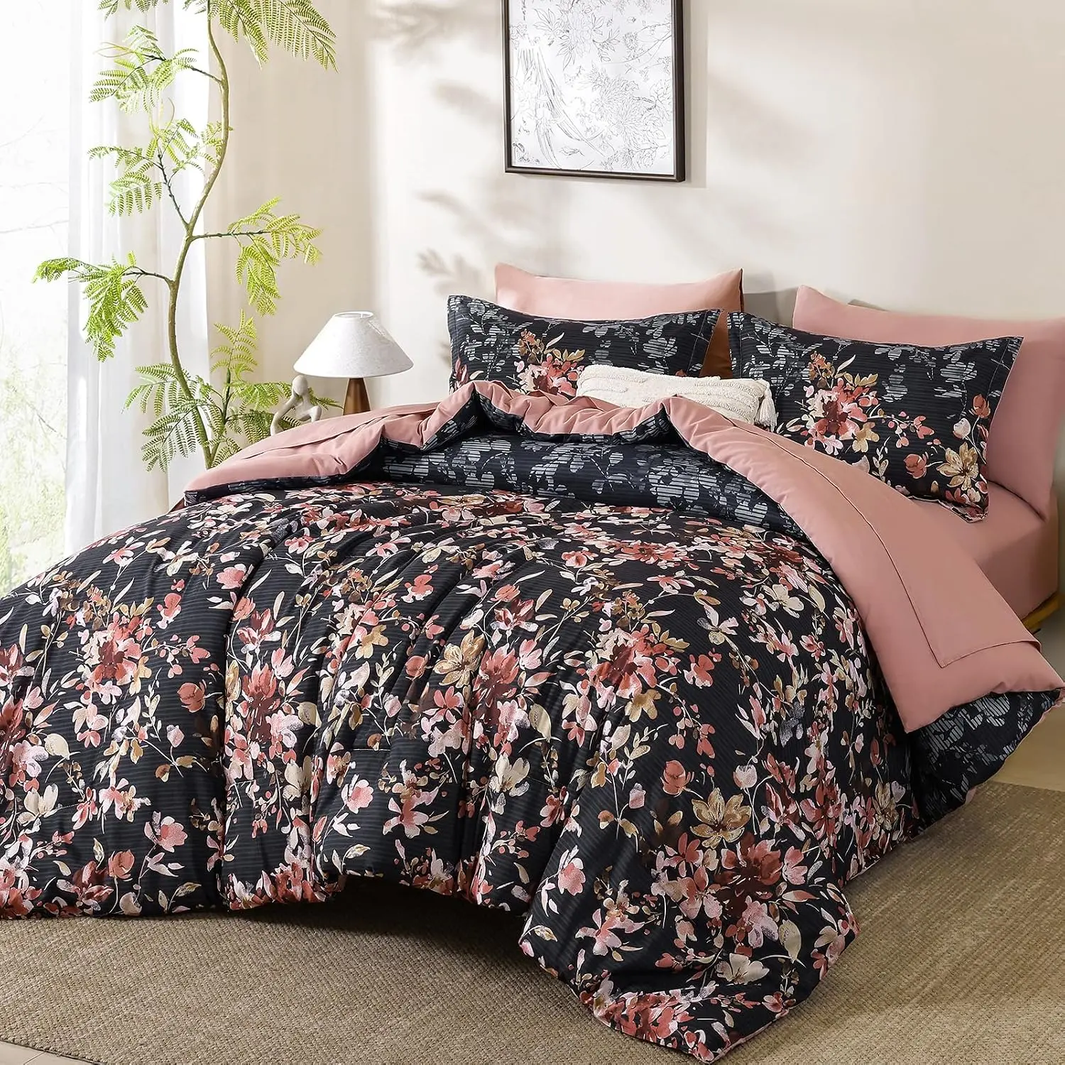 Black Comforter Set King Size, 7 Piece Floral Bedding Comforter Set, Black and Pink Bed in a Bag Botanical Flower Pattern with Sheets, Pillowcases & Shams All Season