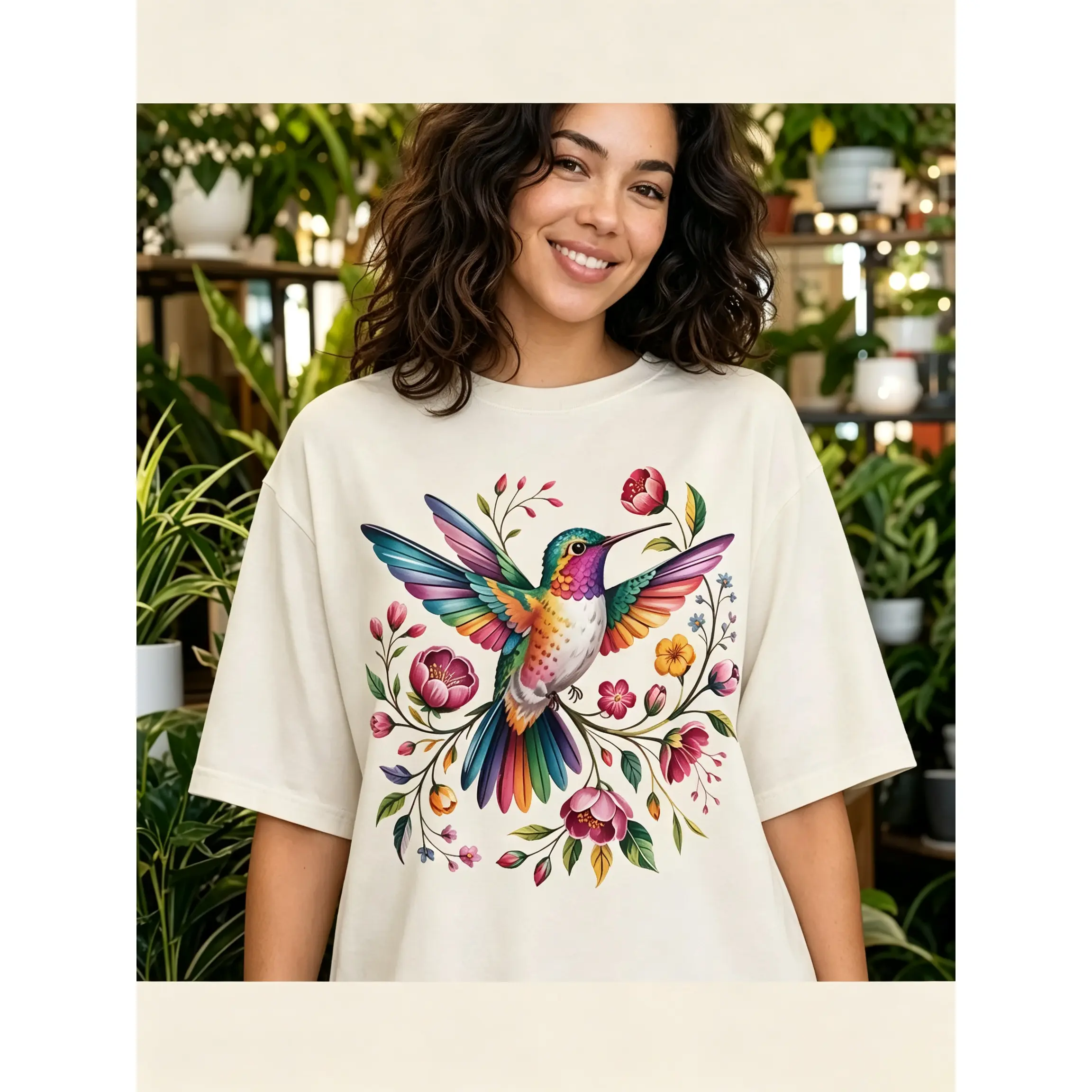 Watercolor Hummingbird Floral Graphic Tee Women Plus Size Botanical Bird Shirt