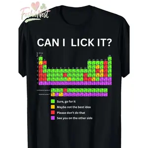 NEWCAN I LICK IT?Men's Funny Science T-Shirt with Periodic Table Elements, Safety Guide & Color-Coded Legend - Chemistry-Themed Casual Tee for Chemistry Lovers (Sizes S-XXXL) - Periodic Table of Element Safety Design for Casual Attire