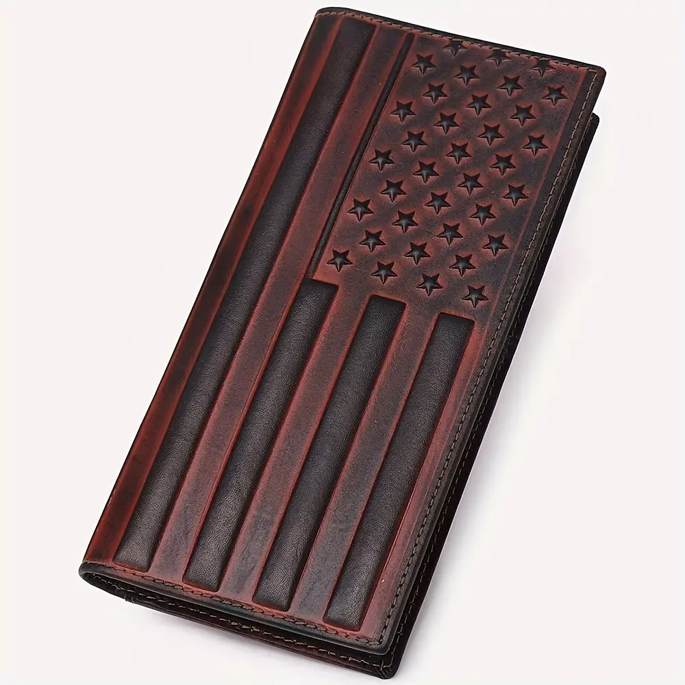 Men's Vintage Full Grain Leather Long Bifold Checkbook Wallet - Western American Flag Embossed, 11 Card Slots, Card & ID Case for Casual Wear