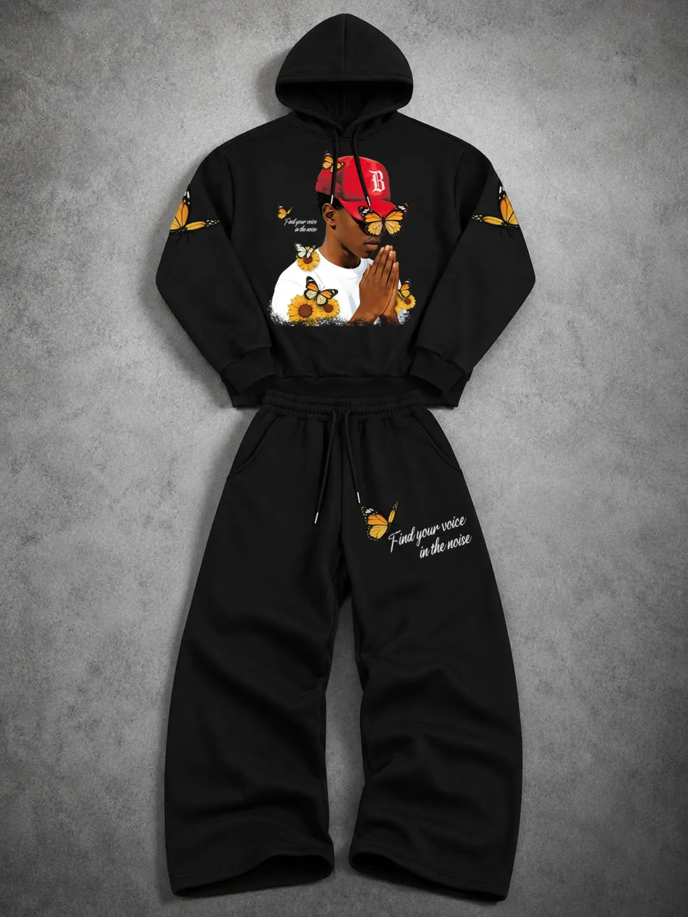 Men Graphic Matching Tracksuit Set American Hip Hop Portrait Butterfly Print Hooded Sweatshirt & Wide Leg Sweatpants 2 Piece Outfit Elastic Waist Pants with Pockets Loose Casual Streetwear Suit for Lounge Travel Daily Hip Hop Outfit