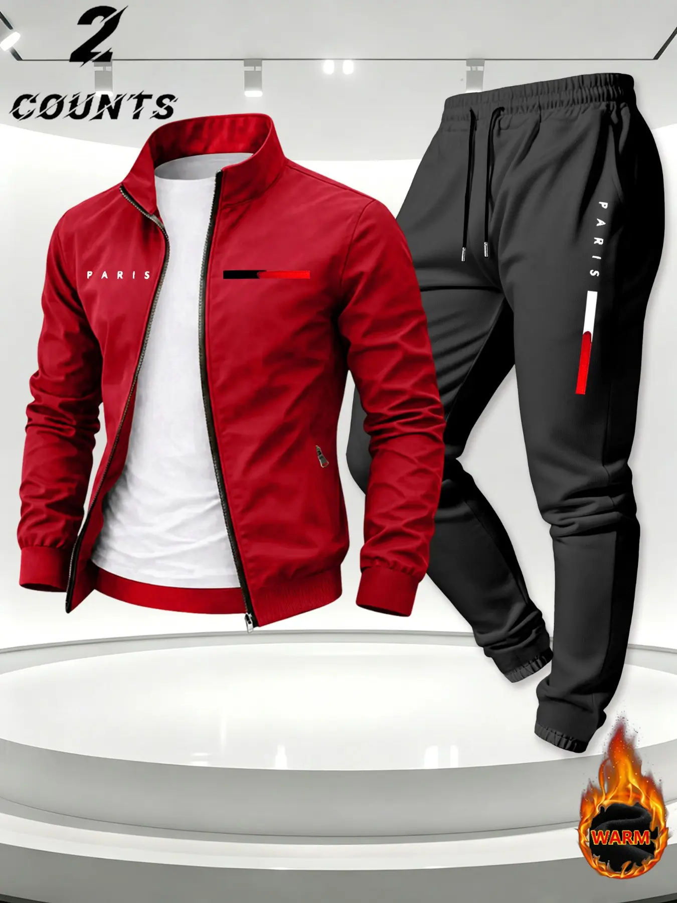 Men's Paris Letter Stand Collar Jacket Set, Lightweight Windproof Pants, Casual Business Sportswear, Spring & Fall Two-Piece Suit