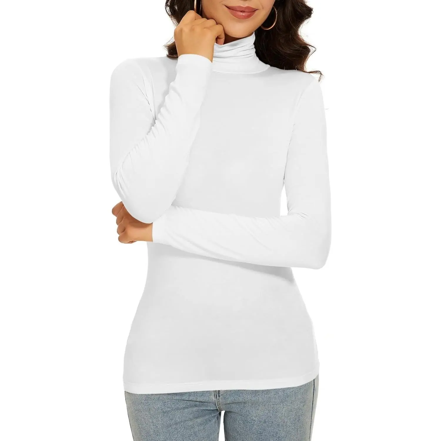 Women's Turtleneck Long Sleeve Thermal Tops Slim Fitted Lightweight Thin Basics Layer Tshirt (XS-2XL)