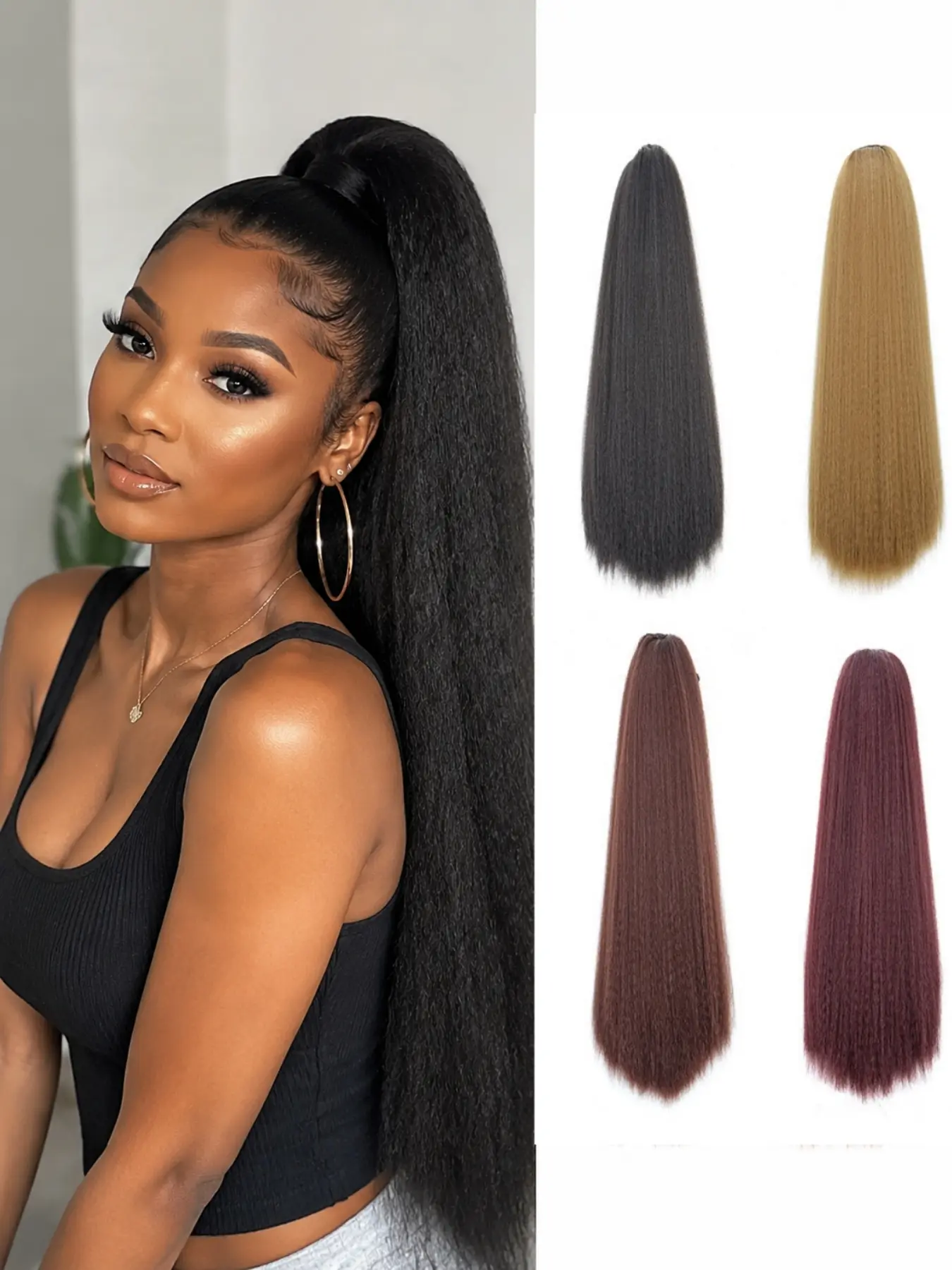 24Inch Yaki Texture Synthetic Fiber Ponytail Extension, Long Kinky Straight Drawstring Ponytail Wig Piece, Natural Look for Women