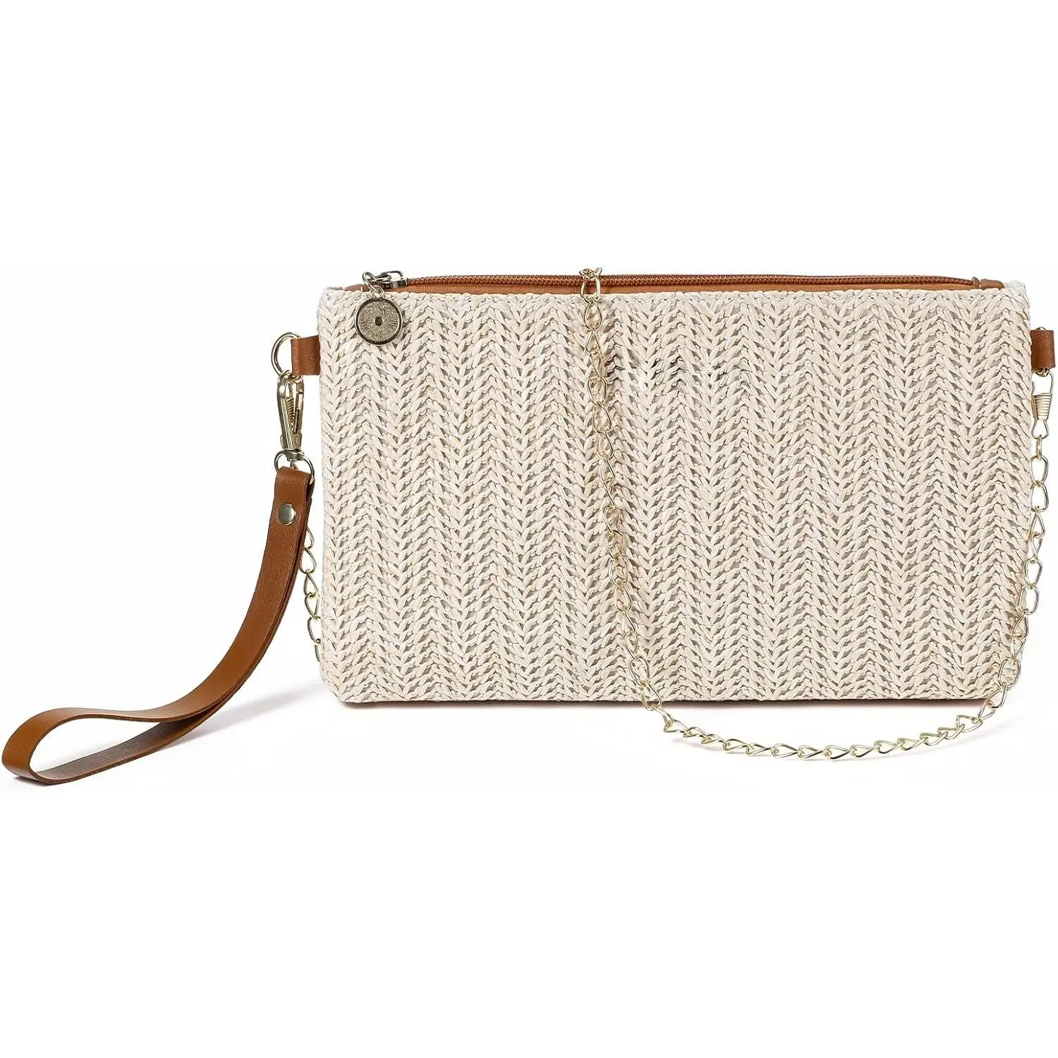 Hand-Woven Straw Pocketbooks, Womens Straw Clutch Bag, Bohemian Wristlet Bag, Straws Clutch Purse with Handle, Zipper Wristlet Wallets for Women Travel Work, Style 2