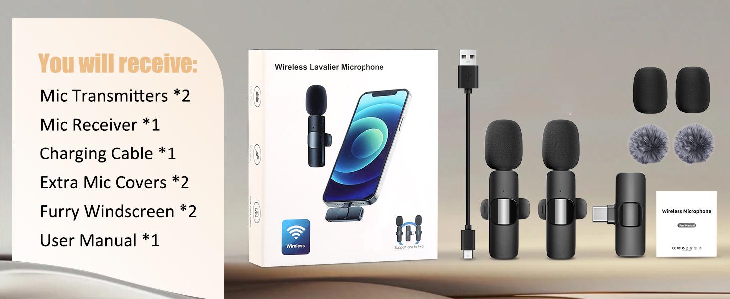 2 Pack Wireless Lavalier Microphone for iPhone 15, USB C Android Phone, Laptop, Tablet, PC, Type-C Mini Lapel Mic with Noise Reduction for Vlog Video Recording Content Creator TikTok Youtube Podcast : Musical Instruments