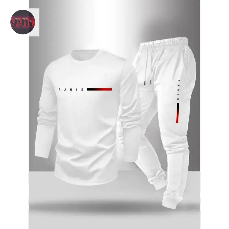 YYW1 Men's Long Sleeve T-shirt and Pants Set,/Autumn 2pcs set with Paris letter print round neck long sleeve T-shirt + drawstring outdoor casual pants set of 2 mens  fashion Clothes Activewear Polyester